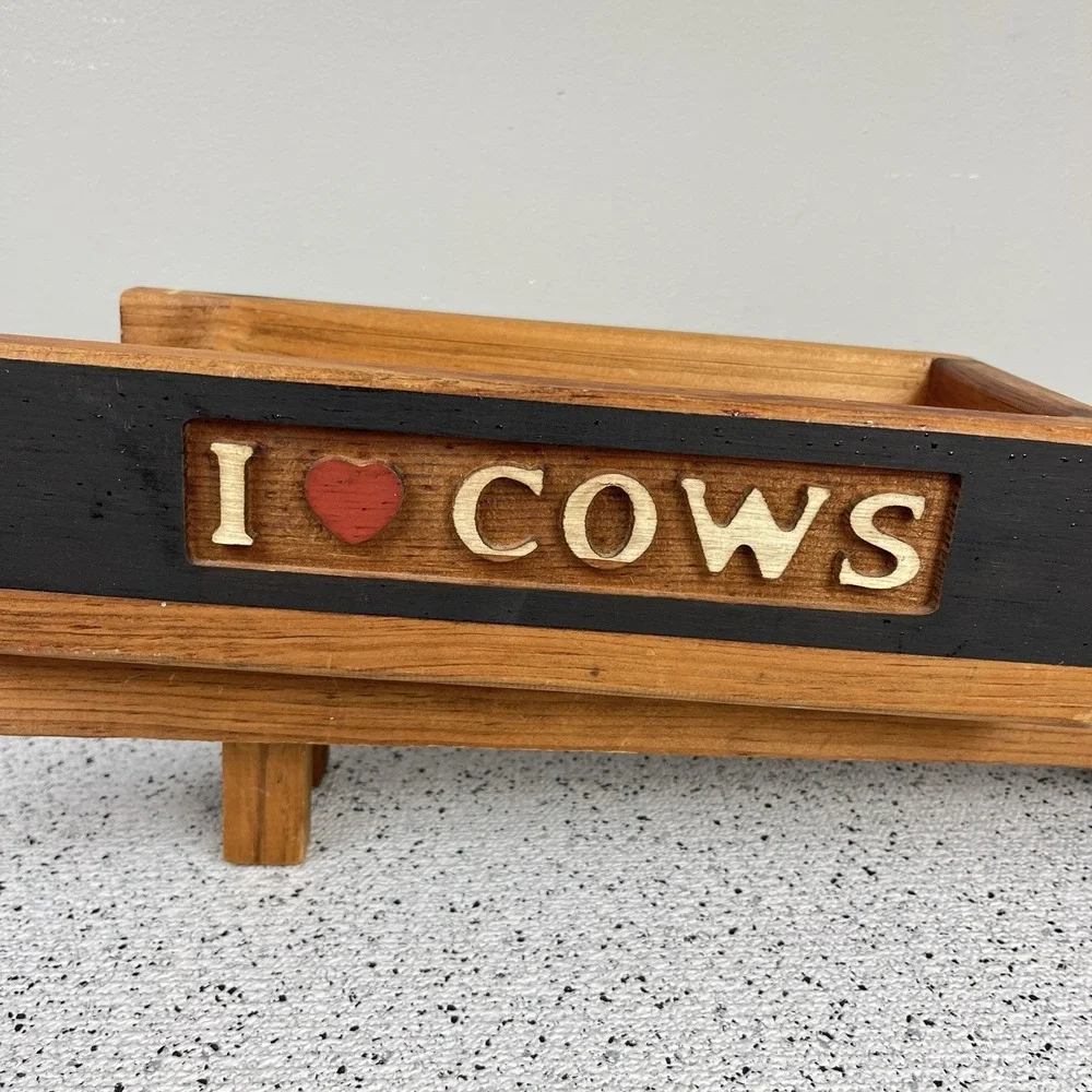 Vintage Handmade Wooden‎ Wheelbarrow I LOVE COWS Heart Trinket Shelf Accent